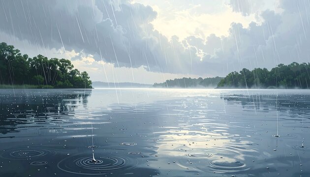 A serene lake scene, showcasing gentle rain falling on the water's surface, reflecting a soft, cloudy sky. - Powered by Adobe