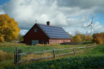 Solar Panels and Wind Turbine on Farm