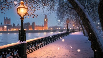 A snowy path lined with vintage lampposts leads towards the houses of parliament and big ben in london at dusk 4k video - Powered by Adobe