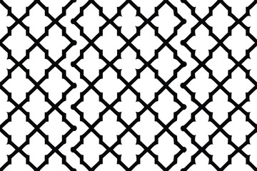 Intricate black geometric lattice pattern on white background seamless repetitive design