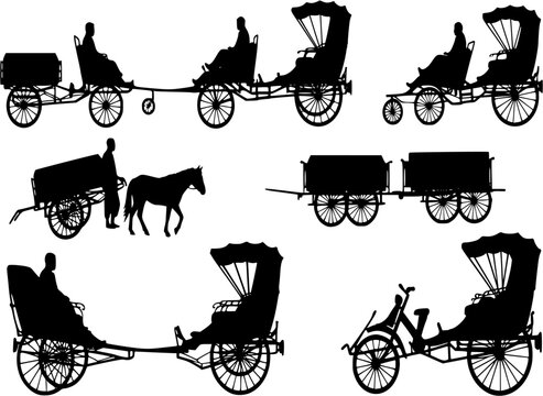 Vector set of traditional transport silhouettes. Cow carts, bicycles, rickshaws, horse carts. Kendaraan Becak
