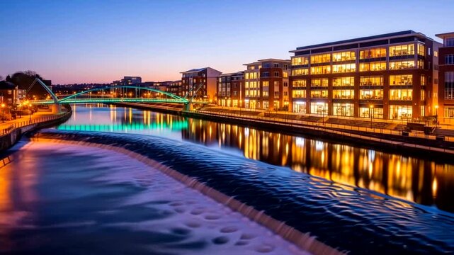Nighttime view of River Corrib in Galway city Ireland, reflecting buildings and the bridge at dusk