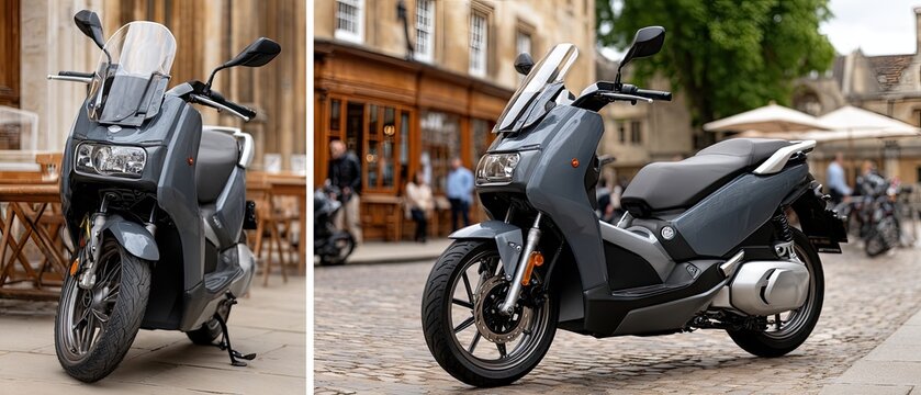 Sleek electric scooter rests beside an old university as students engage in conversation on a bright, sunny day