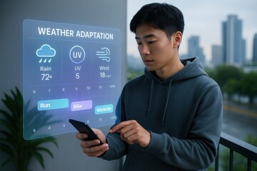 Weather adaptation strategies for outdoor activities urban environment digital interface evening view innovative technology