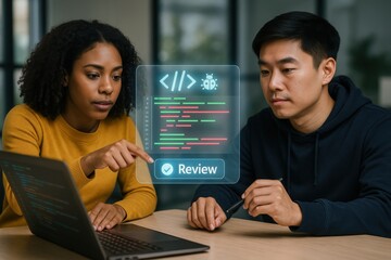 Collaborative code review session modern office digital interaction professional environment teamwork software development