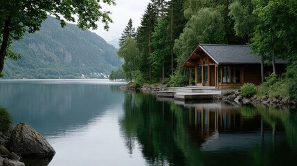 Obraz premium Wooden cabin overlooking a serene green lake, encircled by tall mountains and a lush forest, with a calming waterfall flowing nearby