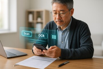 Scanning documents with ocr technology a senior man using a smartphone in a modern home office environment