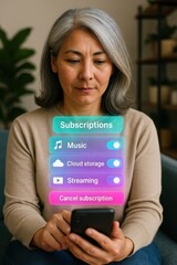 Managing digital subscriptions a senior woman navigates options at home mobile interaction modern lifestyle personal finance