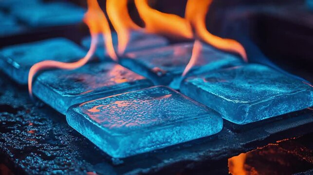 Close-up of ceramic tiles inside a kiln fired with pure blue hydrogen flames, glowing under intense heat, symbolizing innovation, clean energy, and advanced ceramic production.