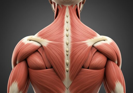 Detailed anatomical illustration showcasing the musculature of the upper back and shoulder.