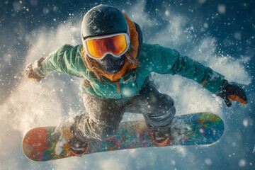 Snowboarder performs stunning tricks in a snowy mountain landscape at sunset