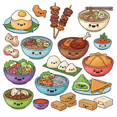Colorful cartoon illustration of various Asian-style dishes and foods with smiling faces on a clean white background.