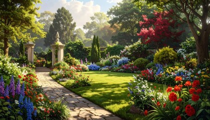 A sun-drenched garden path winds through a vibrant floral display, framed by lush greenery and classical stone pillars.
