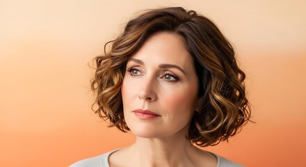 A medium shot of a woman with short, curly brown hair and makeup, looking to the side against a gradient orange background.