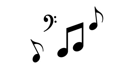 Black musical notes and bass clef symbol isolated on white background