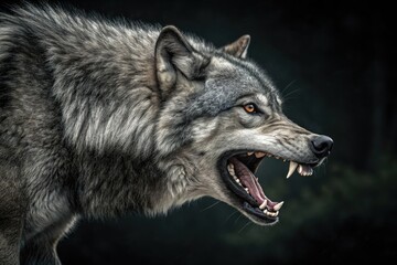 Fototapeta premium Wild Gray Wolf Growling in the Forest During Dusk