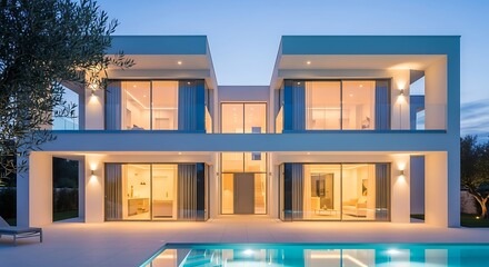 Modern luxury villa with swimming pool at dusk