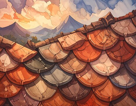 Detailed illustration of aged clay roof tiles