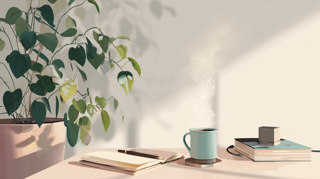 Notebook and coffee on sunlit desk with plant.