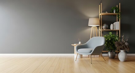 Modern living room with gray wall armchair and bookshelf