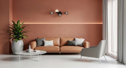 Modern living room with terracotta walls and comfortable seating