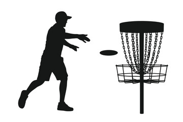 Disc golf player throwing a disc towards a basket silhouette