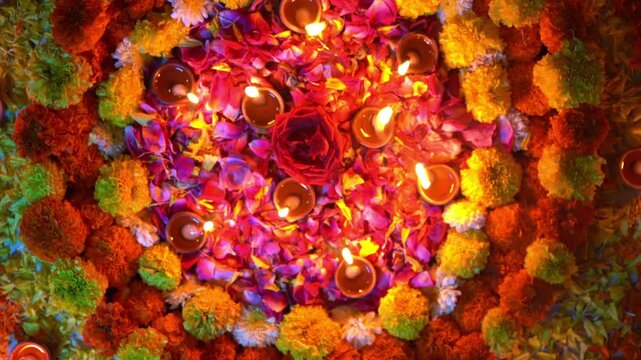 Diwali Diya with Marigold Flower Decoration, Oil Lamp Festival of Lights