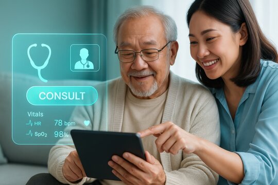 Virtual health consultation with elderly patient home setting digital interaction warm environment engaging viewpoint telemedicine concept