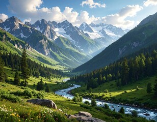 A verdant mountain valley, flowing river, and snow-capped peaks create a breathtaking alpine landscape.