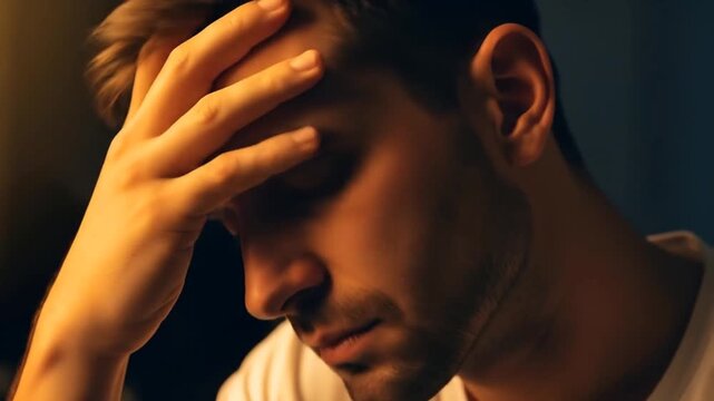A distraught and overwhelmed young man suffering from severe emotional distress or a painful headache, feeling anxious and depressed in a dimly lit room