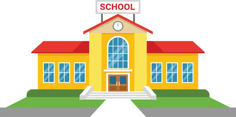 Colorful vector illustration of a modern school building with red roof, clock tower, large windows, front entrance, education architecture concept design © MSTIRIN