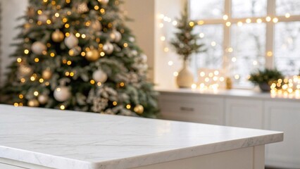 Marble Countertop in Cozy Christmas Interior. Bright kitchen with marble surface, festive Christmas tree, and warm lights in background creating a cozy holiday atmosphere