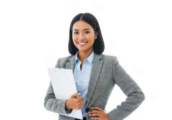 Smiling businesswoman holding a document isolated on transparent background