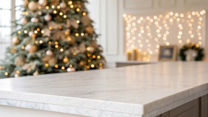 Marble Kitchen Countertop with Christmas Tree and Lights. Marble countertop, decorated Christmas tree, string lights, candles, festive interior. Suitable for holiday cooking ads, home decor blogs
