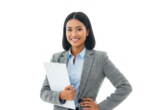 Smiling businesswoman holding a document isolated on transparent background