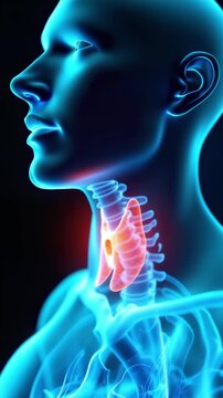 A scientific futuristic medical closeup 3d x-ray video illustration of a human thyroid gland in semi translucent human neck body, illuminated with neon glowing light