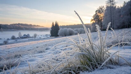 Frosty winter morning in rural countryside landscape Snow-covered field and frosty grass at sunrise in a peaceful countryside setting with trees, hills, and distant houses