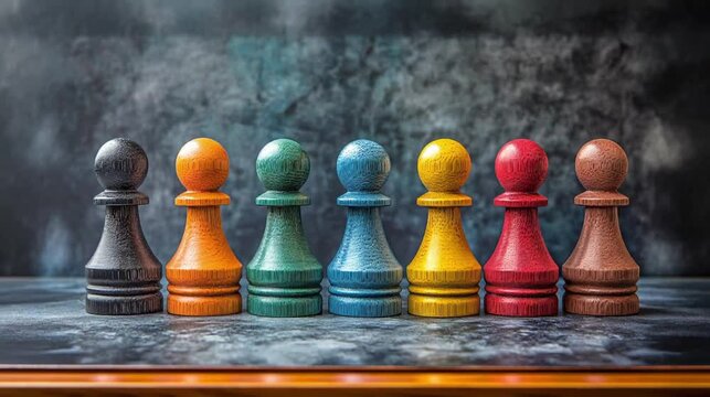 A cinematic close-up of six colorful chess pawns arranged in a row, symbolizing diversity, teamwork, leadership, and strategic thinking, with dramatic artistic lighting and texture.