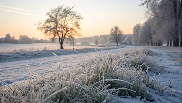 Frosty winter morning landscape with trees and grass. Peaceful countryside scene on a cold winter morning with frosty grass, bare trees, and soft sunrise light, ideal for seasonal themes - Powered by Adobe