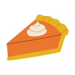A slice of pumpkin pie with whipped cream on top. The pie is orange and yellow, and the whipped cream is white