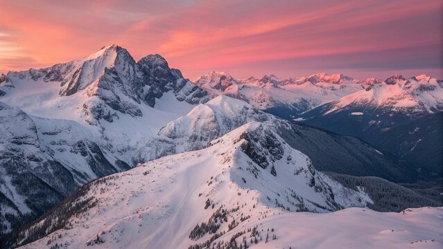 Snowy mountain range at sunset with pink sky. Majestic snow-covered mountains glowing under a vibrant pink and orange sunset sky, perfect for nature, travel, or winter landscape themes