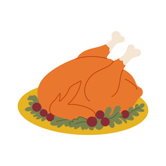 A cartoon drawing of a roasted turkey on a plate with a bunch of berries and greens. The turkey is laying on its side, and the plate is yellow
