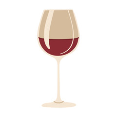 A wine glass is filled with red wine. The wine glass is half full