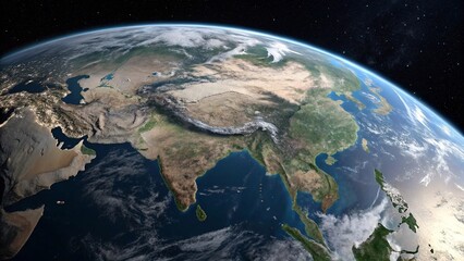 Planet Earth view showing Asia from space Detailed satellite image of Earth from space highlighting Asia, including the Himalayas, India, and surrounding regions with visible cloud cover