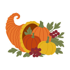 A pumpkin and gourd are placed in a bowl with a leafy green stem. The bowl is shaped like a cornucopia