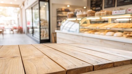 Empty Wooden Table in Bright Bakery Interior. Wooden table in the foreground of a sunlit bakery with shelves of fresh bread and pastries, perfect for food-related concepts