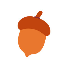 A cartoonish orange acorn with a brown cap. The acorn is sitting on a white background