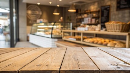 Empty Wooden Table in Cozy Bakery Interior.  Warm and inviting bakery with fresh bread and pastries in the background, featuring rustic wooden table ready for food display