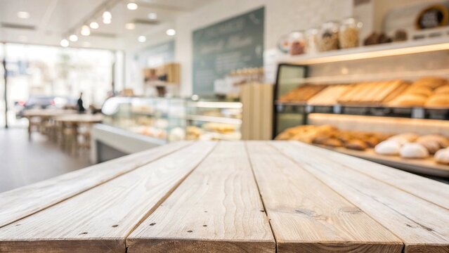 Wooden tabletop in modern bakery interior with fresh bread Empty wooden counter surface in a bright bakery, with shelves of fresh bread and pastries blurred in the background