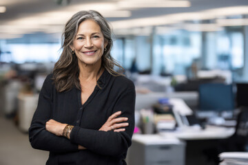 Middle age smiling women in a modern workspace